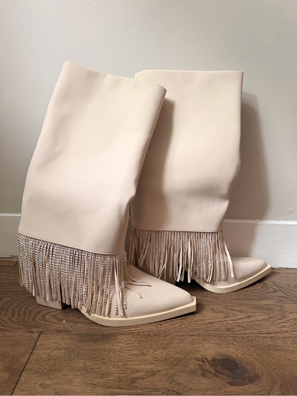 Fringe Knee-High Western Boots in Cream